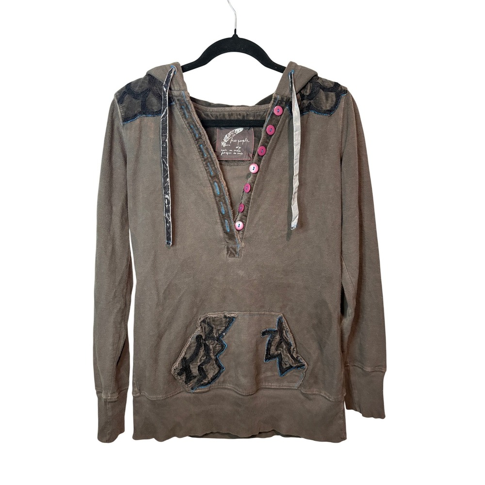 Free People Gray‎ Hoodie Women Small Velvet Floral Applique Henley Boho Hoodie